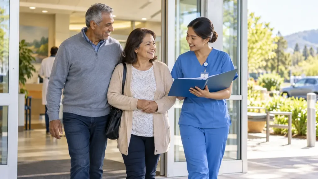 Patient leaving hospital with caregiver while nurse reviews discharge folder