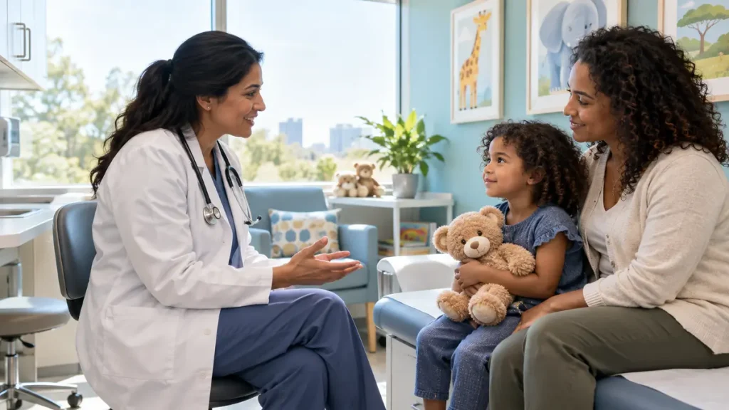 Pediatric doctor talking with a calm child and parent in a children’s hospital