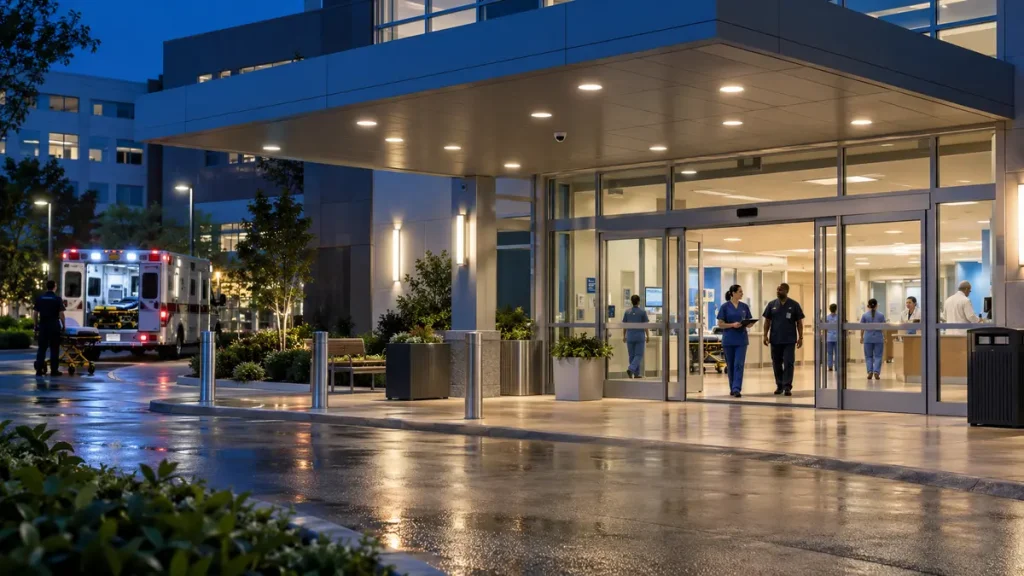 Illuminated 24-hour hospital emergency entrance with healthcare staff