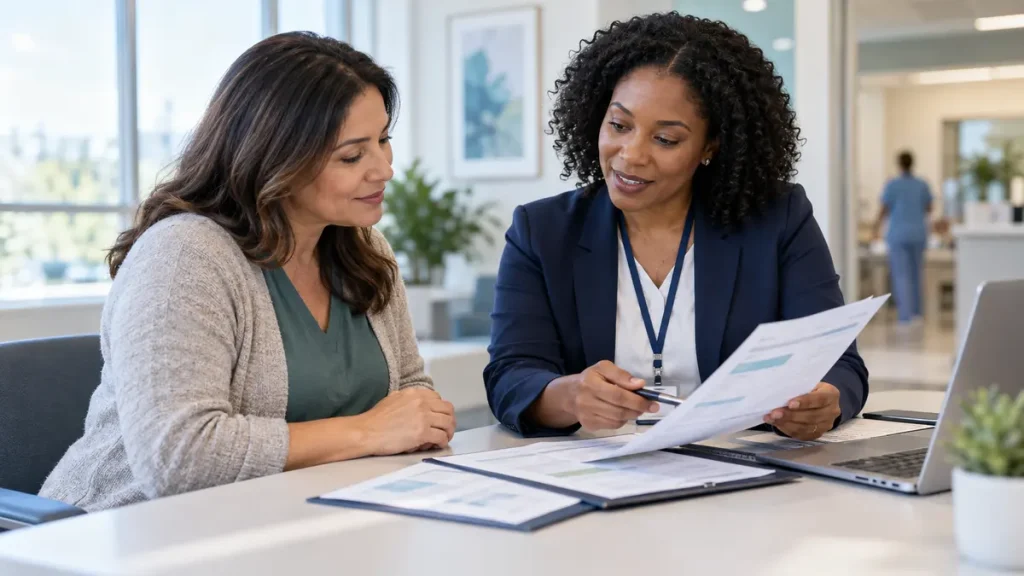 Patient and hospital financial counselor reviewing cost estimate documents